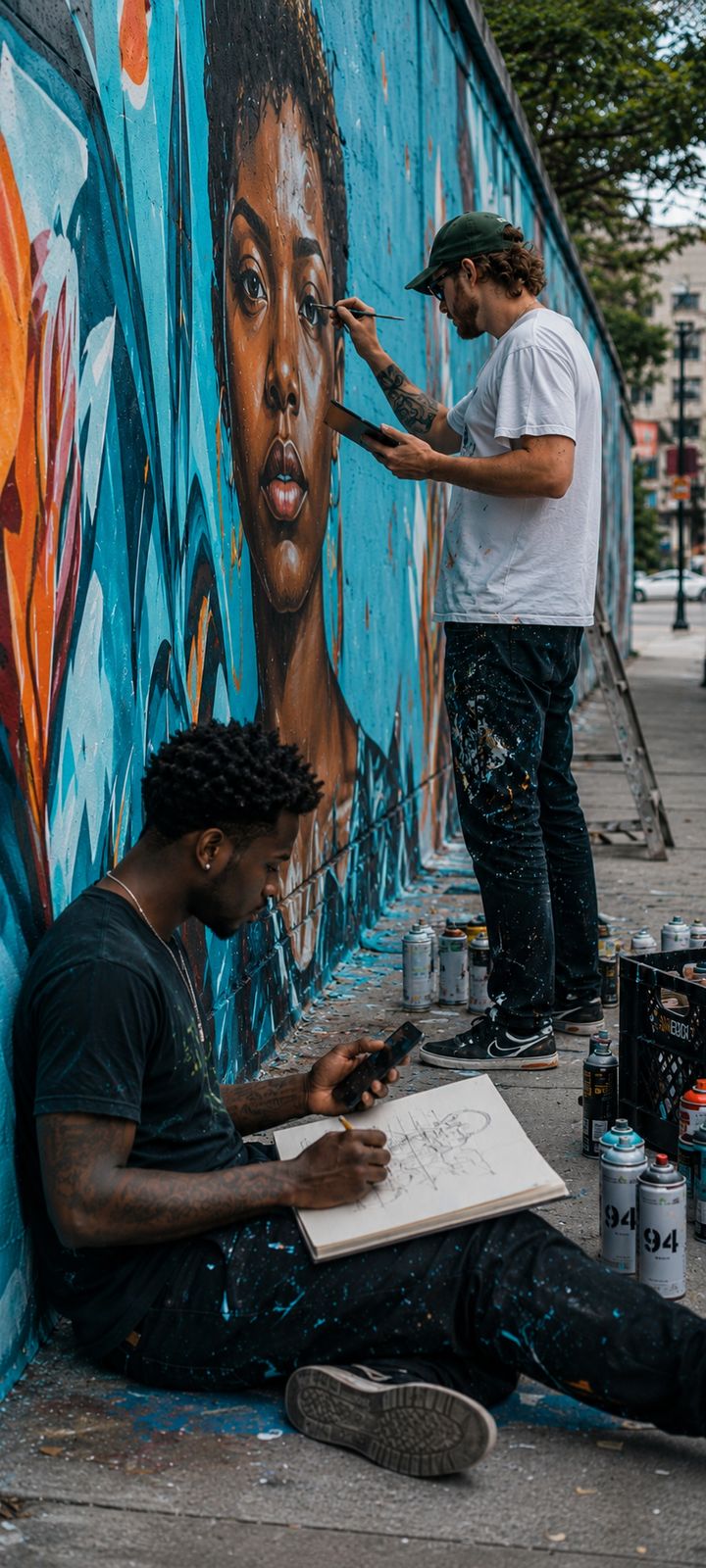 Street artists using a reference on a tablet and phone to paint a large outdoor wall mural