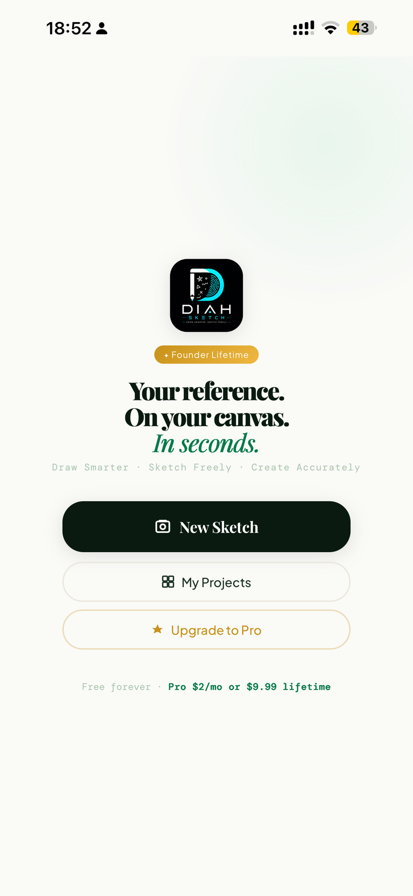 Diah AR Sketch: a reference image floating over the live camera view of a wall
