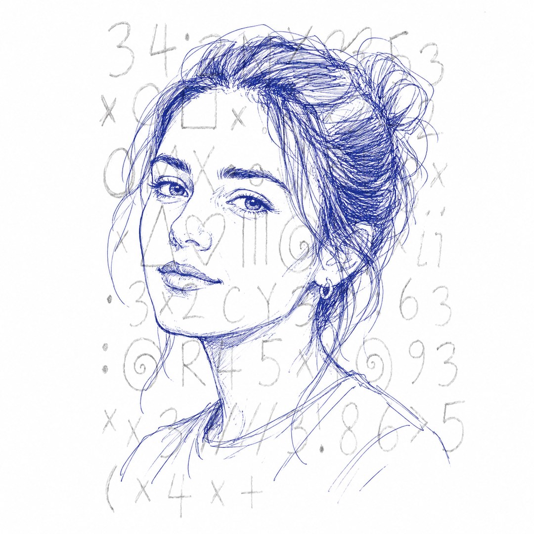 A finished pen portrait drawn over a faint hand-drawn map of numbers, letters and symbols